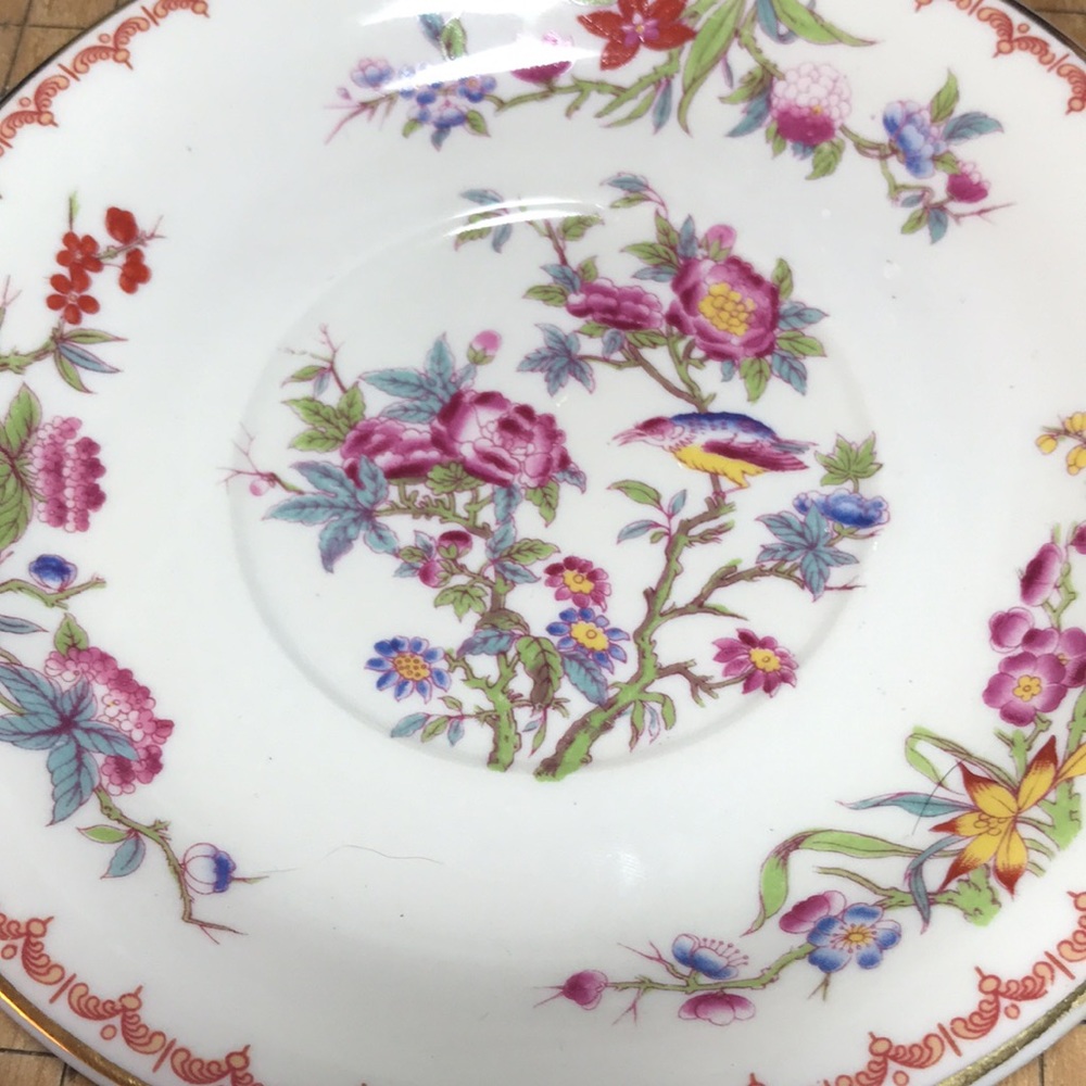 Old Ivory Syracuse 2 Cup 2 Saucers Bombay Pattern Exotic Floral Colorful Bird - Picture 10 of 17